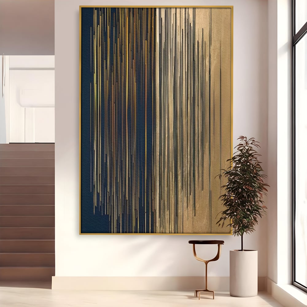 Tablou canvas cu tablou abstract cu linii verticale aurii, in rama de aluminiu auriu